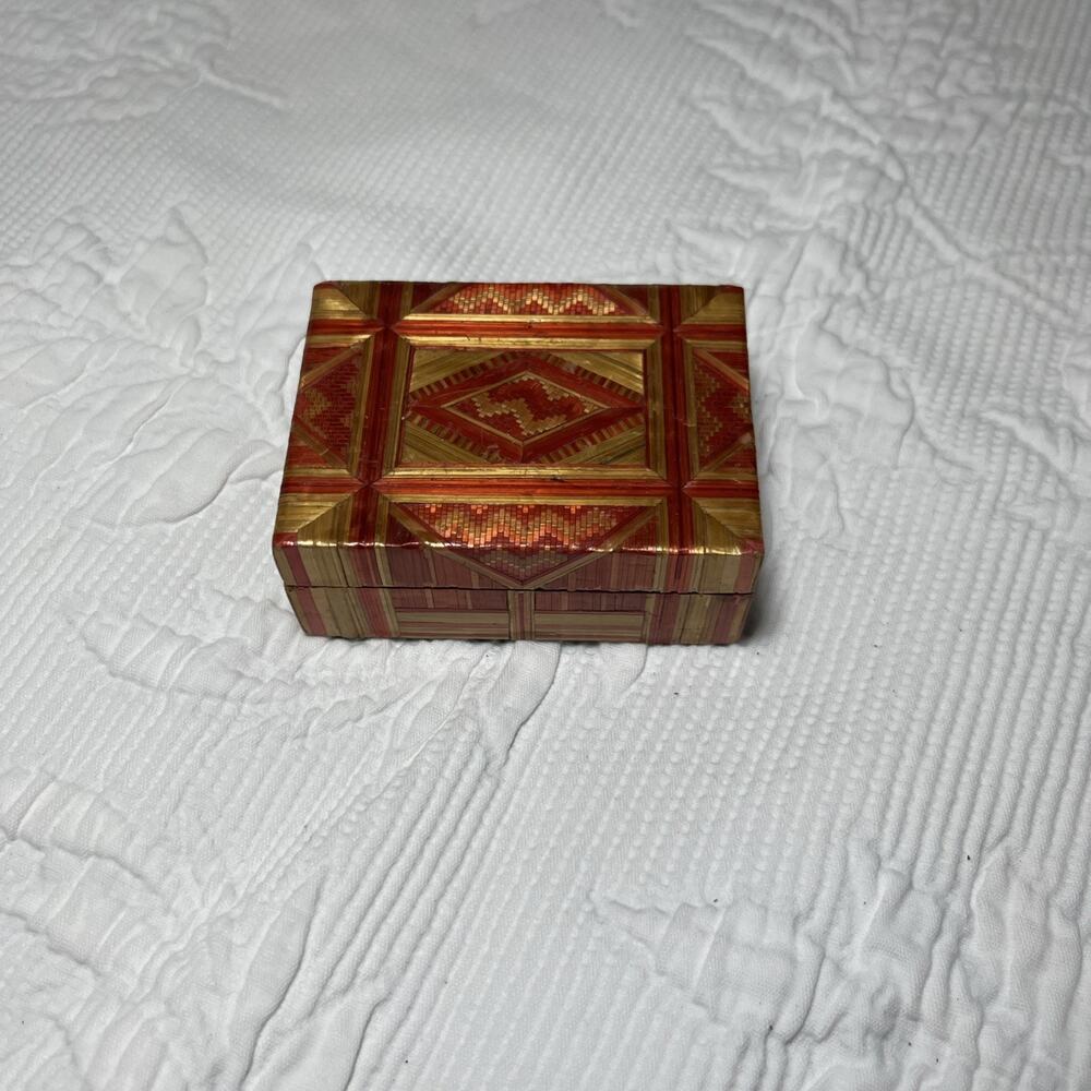 Small Vintage Jewelry Box Western Aztec Indian Handmade Red Orange
